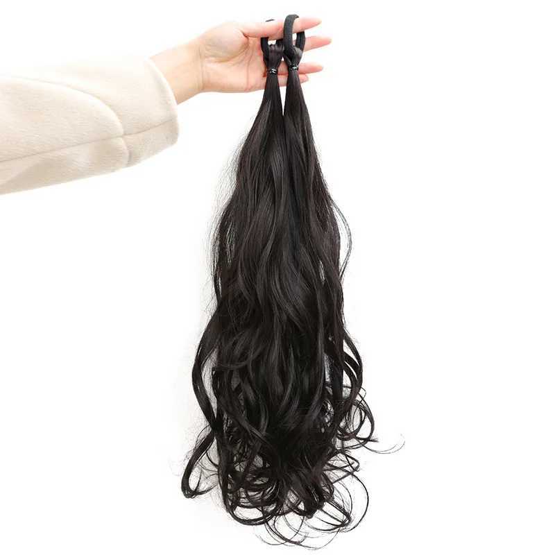 Synthetic fluffy long curly ponytail high elasticity wig with natural woven integrated side for household use womens daily hair W240817
