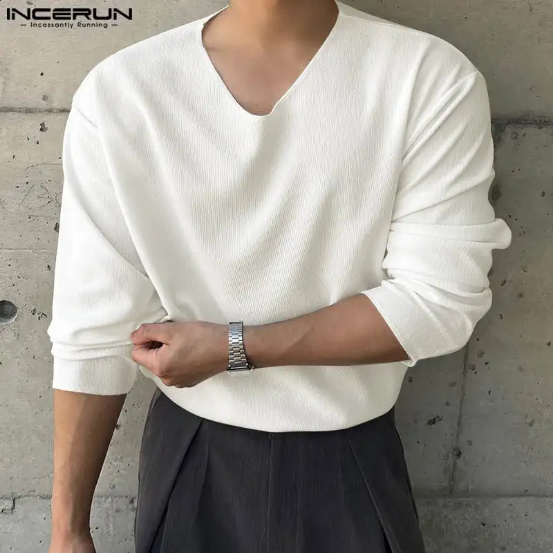 INCERUN Tops Korean Style Fashion Mens Loose V-neck Knitted T-shirts Summer Casual Streetwear Long Sleeved Camiseta S-5XL 240820