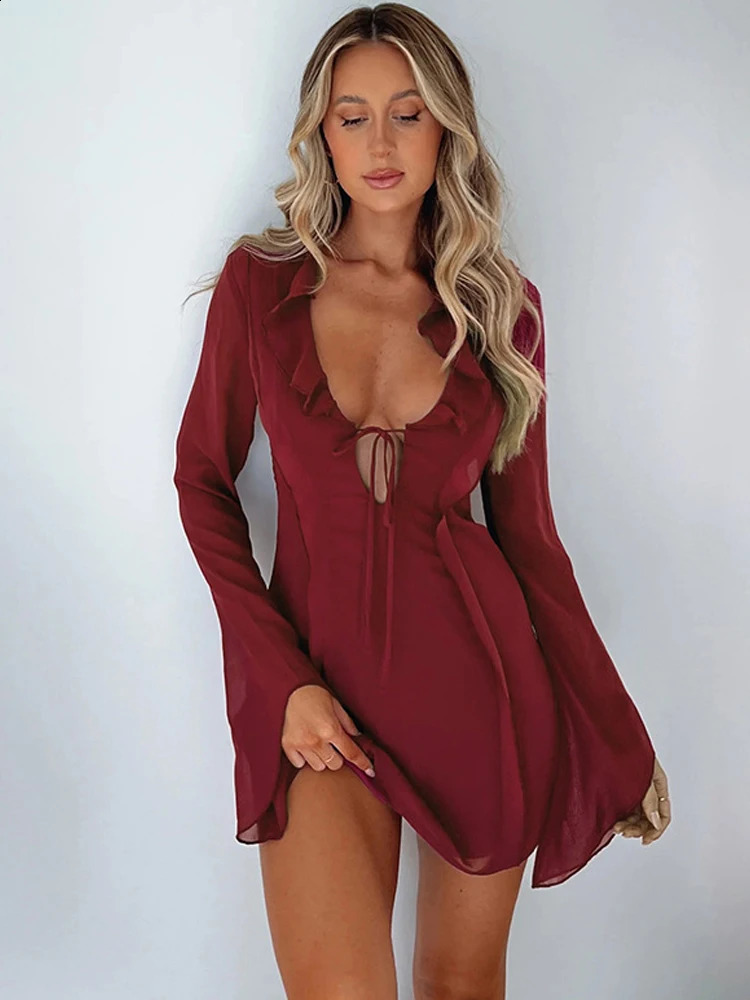 Black Deep V Robes Elegant Party Evening Dress Lace Up Sexy Dresses For Women Bodycon Mini Autumn Dress Vestidos 240819