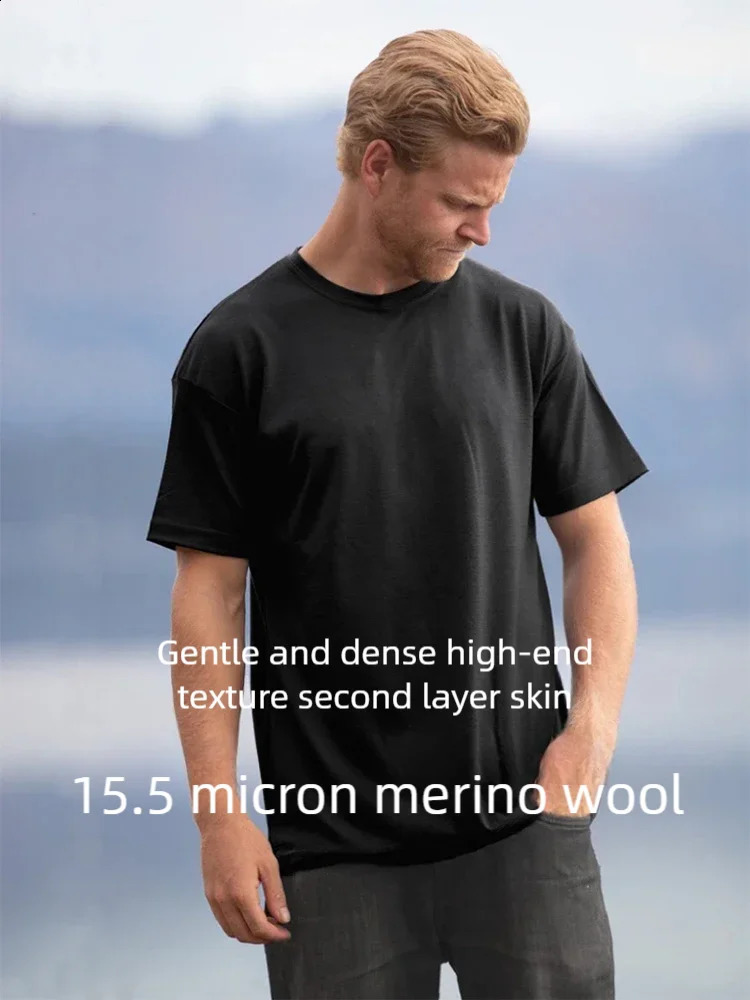 155micron washable Merino wool quick drying mens inspirational breathable hiking short sleeved Tshirt 240819