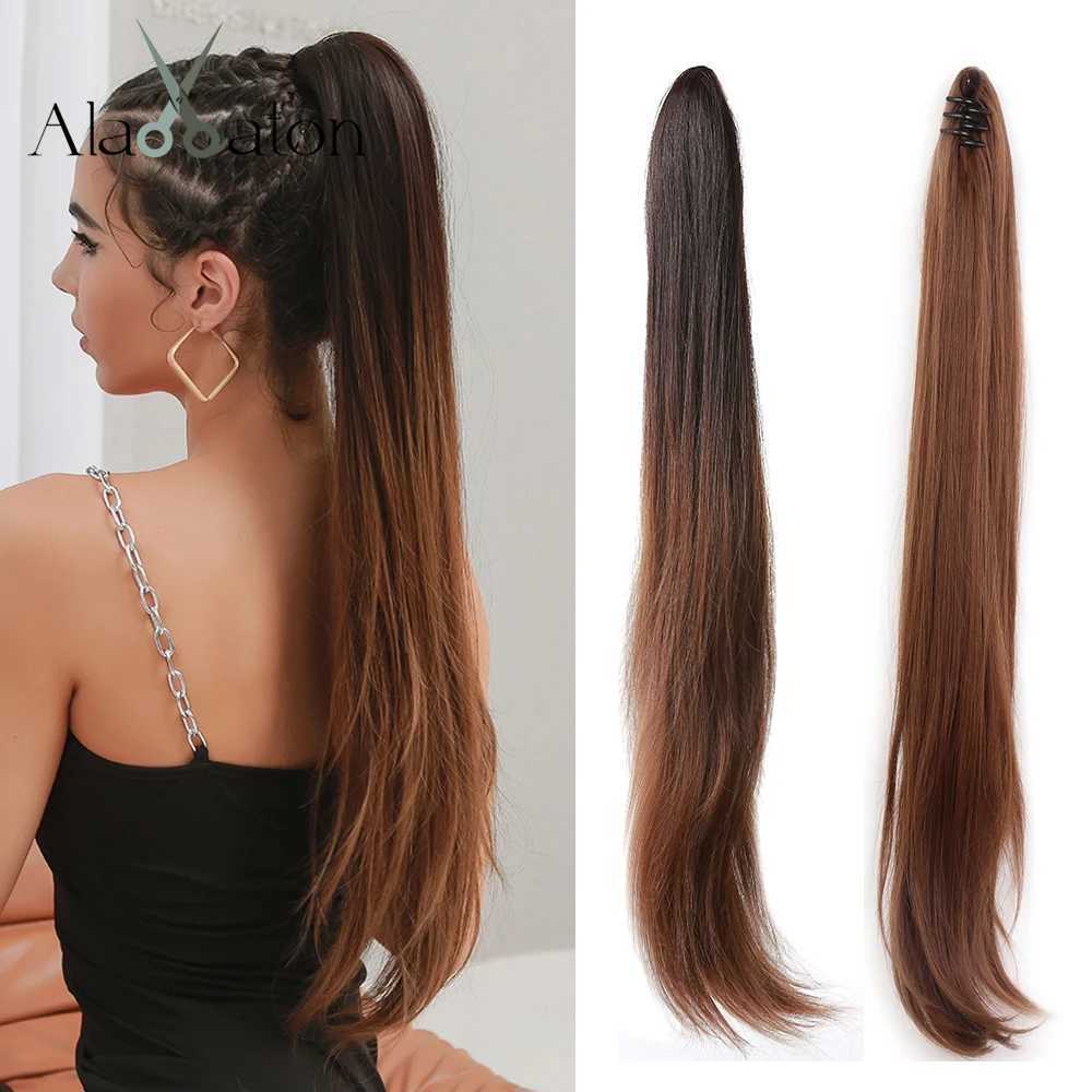 Alan Eaton Long Umbre Brown Hair Stretching and Claw Hair Synthetic Ponytail Wig High Temperature Natural Straight Hair W240817