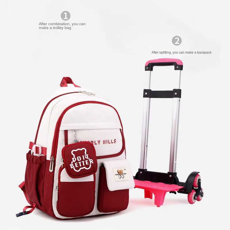 Rolling Wheeled Backpack Book Bag Children School Backpack with Wheels Students School Bags for Girls Trolley Bag Cute Schoolbag Y240820