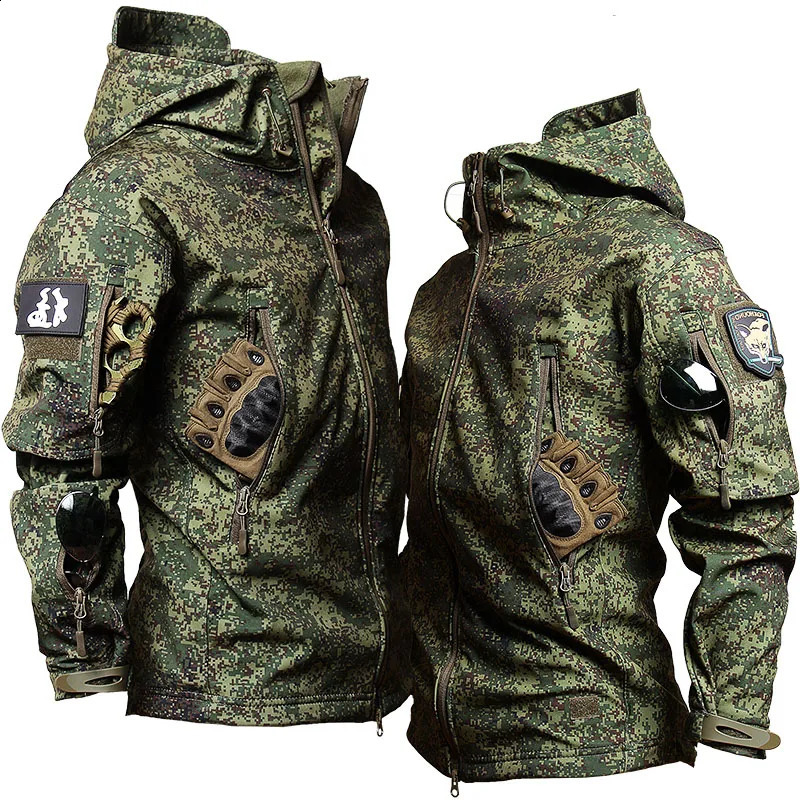RU Camo Waterproof 3 Pcs Sets Men Winter Fleece Hooded JacketBreathable Long Sleeve TshirtsStraight Cargo Pant Soft Shell Suit 240819