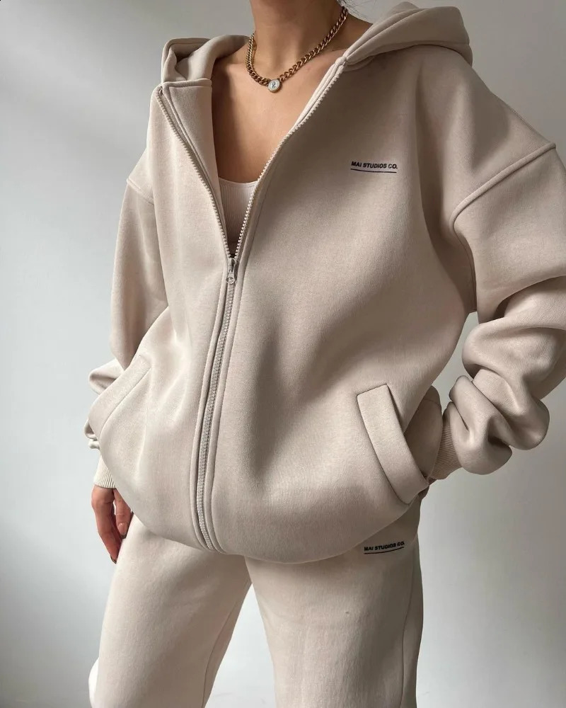 Spring Autumn Women Fashion Tracksuit Solid Color Sportswear 2 Pieces Hooded Sweatshirt Sets Oversized Pullover Shirts and Pants 240819