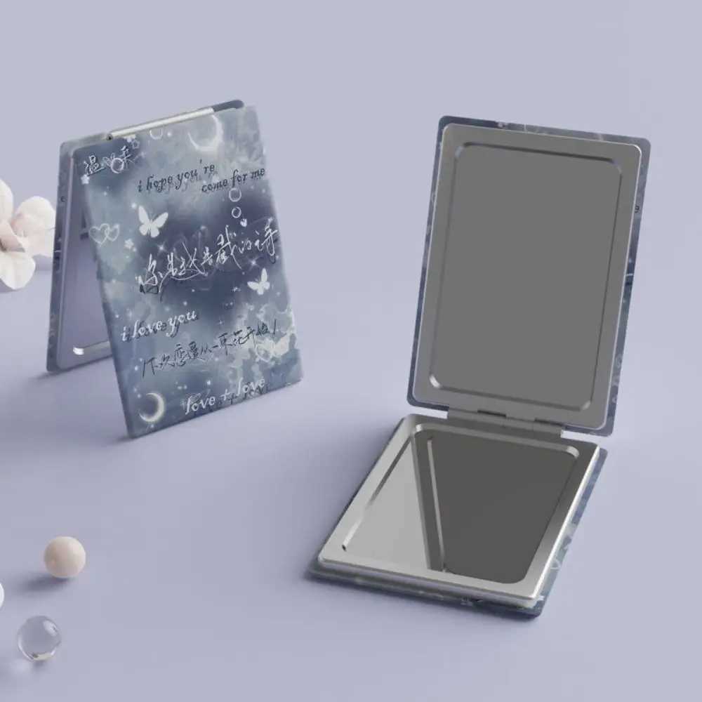 PU Folding Makeup Mirror High Definition Foldable Cosmetic Mirror Elegant Blue Rose Rectangle Pocket Mirror Students Y240819