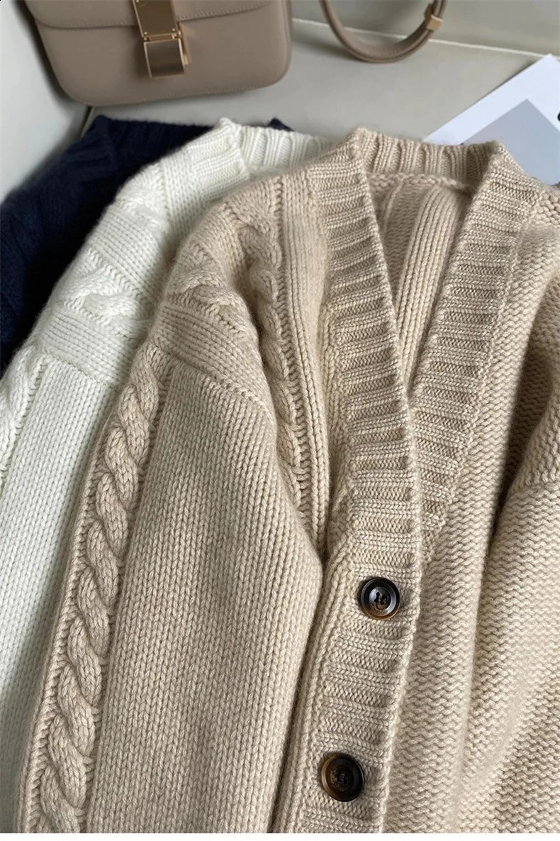 Vneck short sleeved knitted cardigan womens autumn and winter thick Korean casual loose long sweater jacket in 3 colors 240819