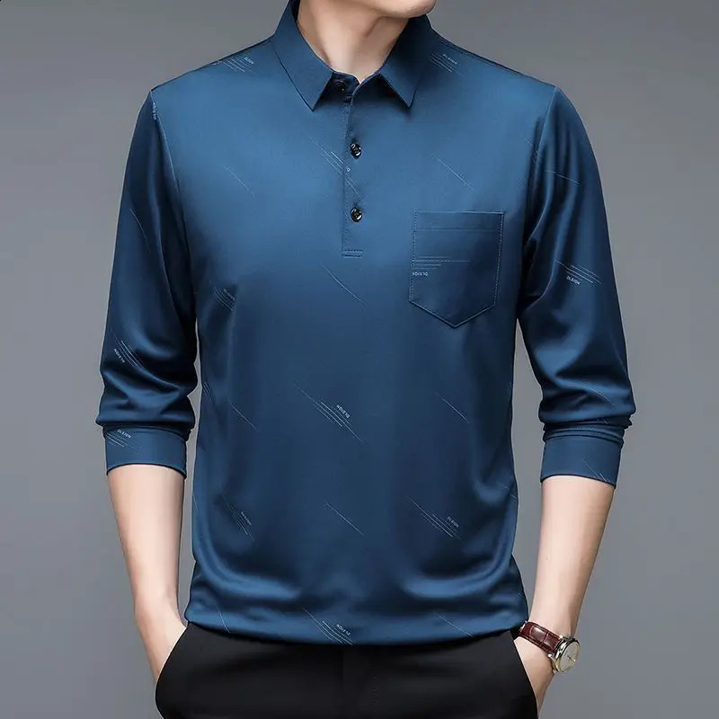 Men Business Fashion Long Sleeve Polo Shirts Spring Autumn Lapel Korean Male Clothes Streetwear Casual Thin Smooth Tops 240820