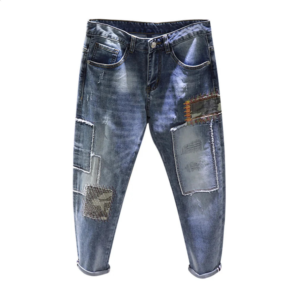 Autumn fashion handsome personality retro patchwork jeans mens old patch holes Ripped jeans pants cargo pantalones hombre 240819