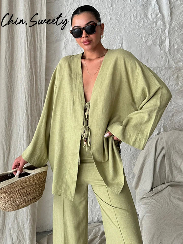 Casual Solid Lace Up Shirt Trouser Set Women Chic Long Sleeve V Neck Cardigan Wide Leg Pants Suit 2024 Autumn Elegant Lady Sets 240819