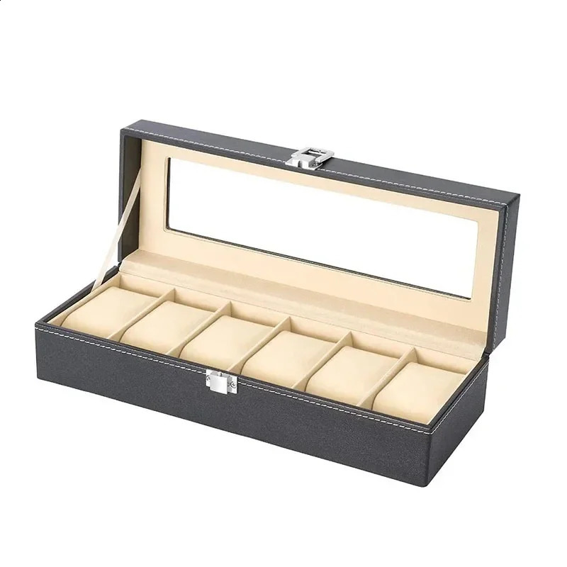 selling PU leather display storage organizer watch box with glass top groove mens stand gift 240812