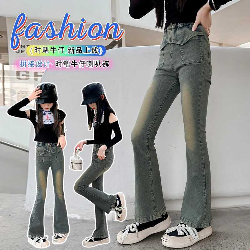 Girls retro triangle denim belly pants suitable for girls older children and children aged 5-14 with elastic belly pantsW240819