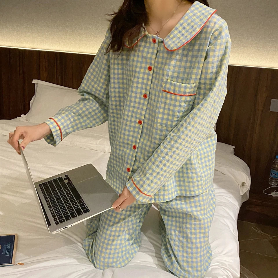 Womens sleepwear autumn spring long sleeved soft set grid cartoon womens family cardigan 240819