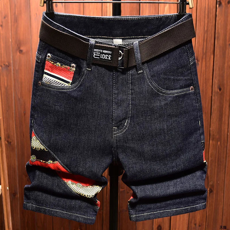 High end summer thin denim shorts mens pentagonal ultrathin fit printed fashionable Korean blue 240819