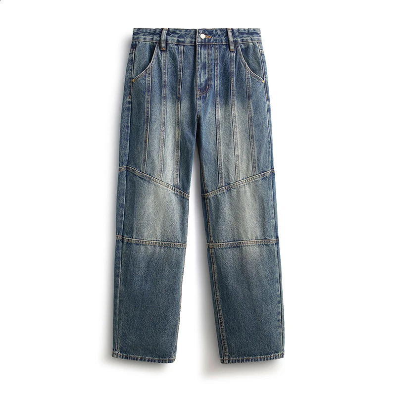 Y2K Streetwear American retro trend mens jeans personalized splicing loose straight pants 240819