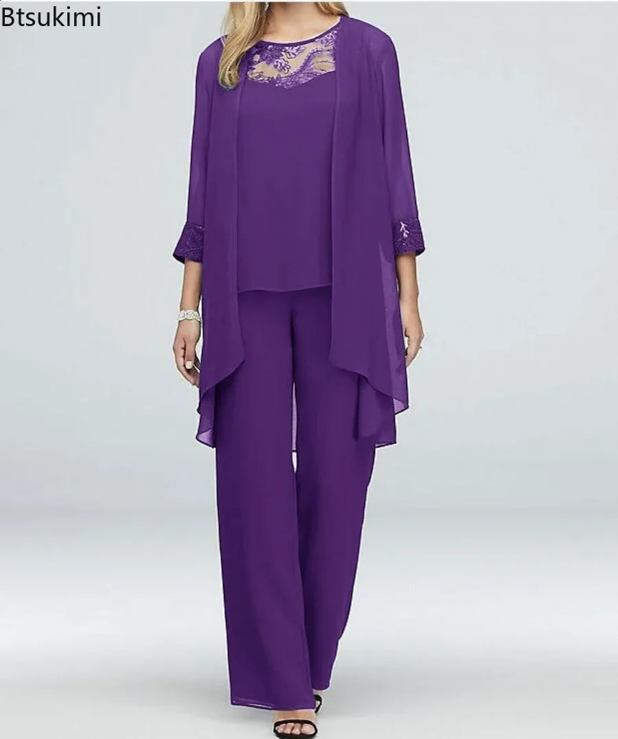 2024 Womens Elegant Pant Sets Formal Office Ladies Oversized Chiffon Lace Suits Straight Pant Cardigan Tops 3 Pieces Sets Woman 240819
