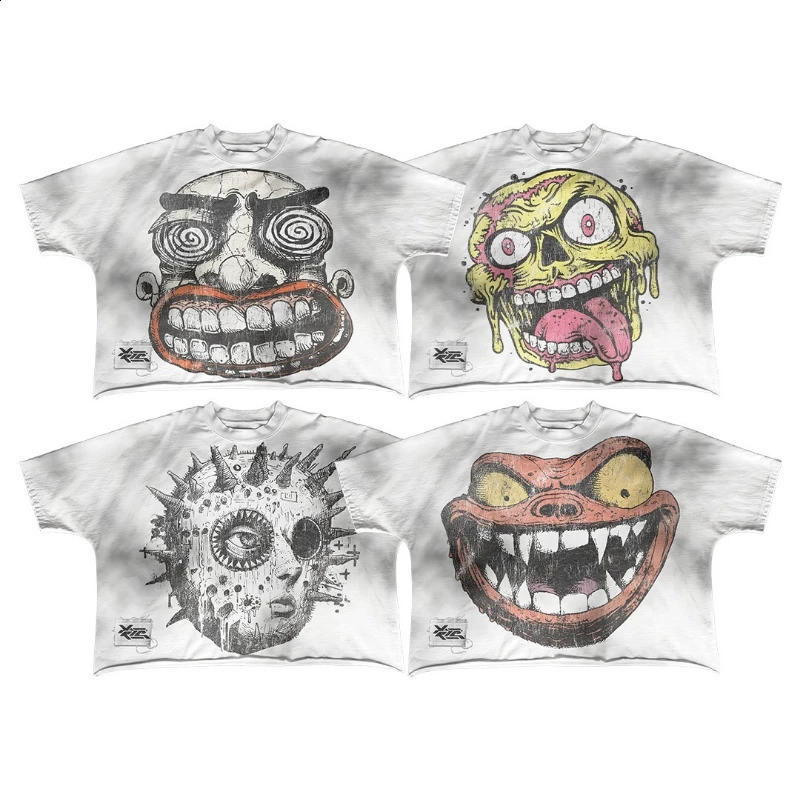 Gothic speckled cartoon print Oneck oversized Tshirt suitable for mens summer comfort Y2K hiphop street couple retro top 240819