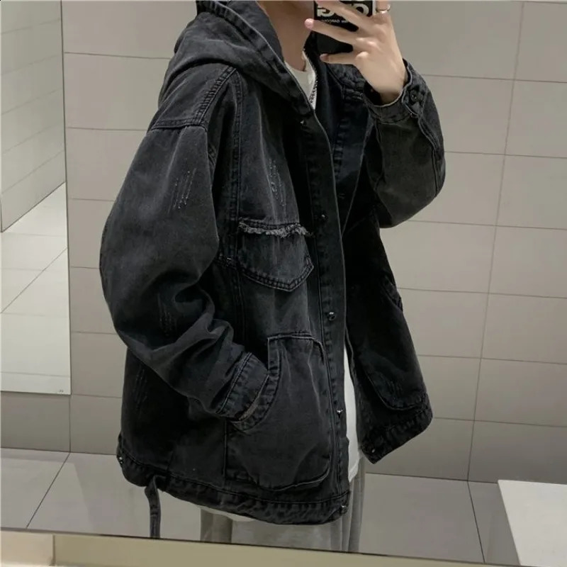 High Street Hooded Denim Jacket mens casual long sleeved jacket Hong Kong style short selling 240809