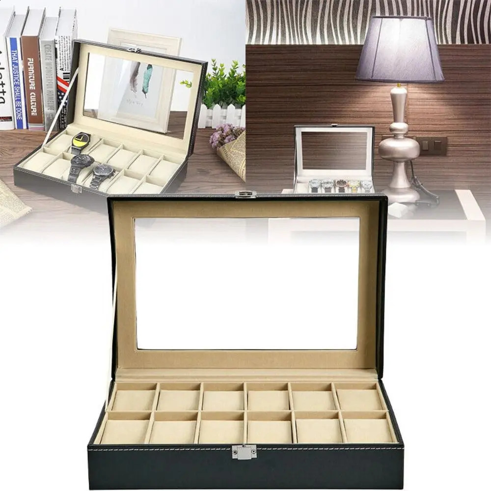 Mens 6 10 12 Mesh PU Leather Watch Display Box Collection Storage Rack 240812