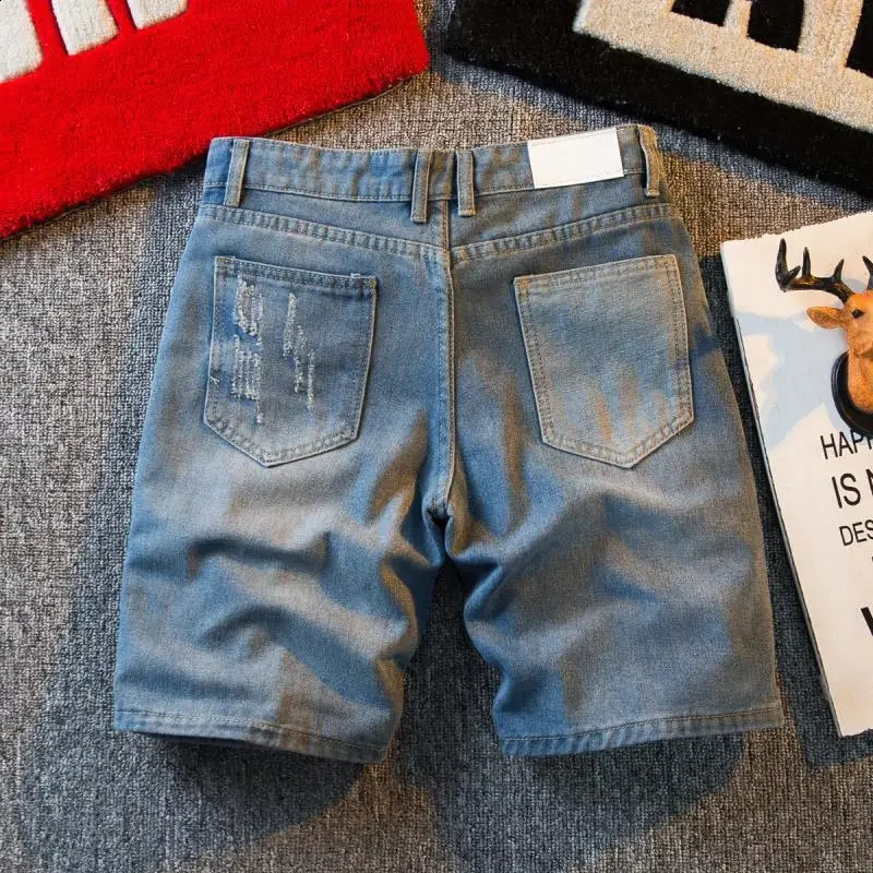 Mens short jeans pants cargo bag splicing work wide mens denim shorts loose trend Xl Korean fashion streetwear summer cutting 240819