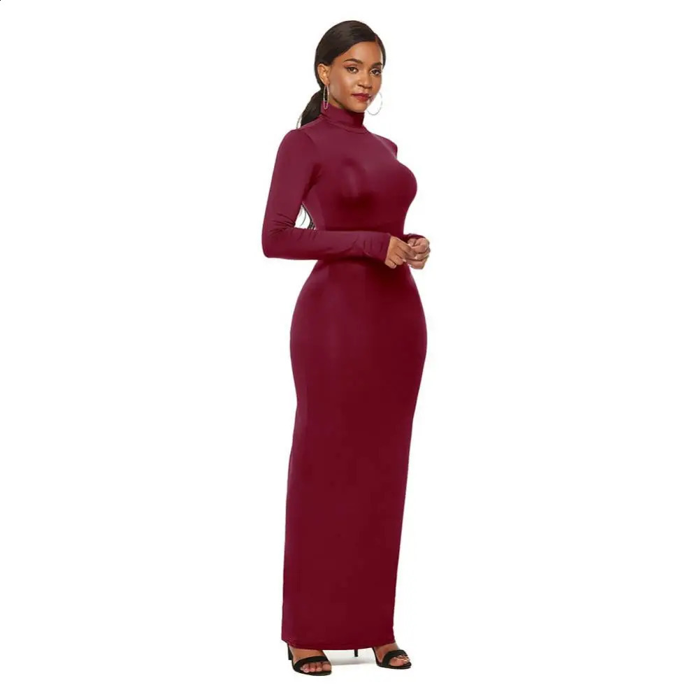 Women Long Dresses Plus Size Party Solid Color Women Long Sleeve Turtleneck Bodycon Dress Maxi Vestidos S-5XL 240823