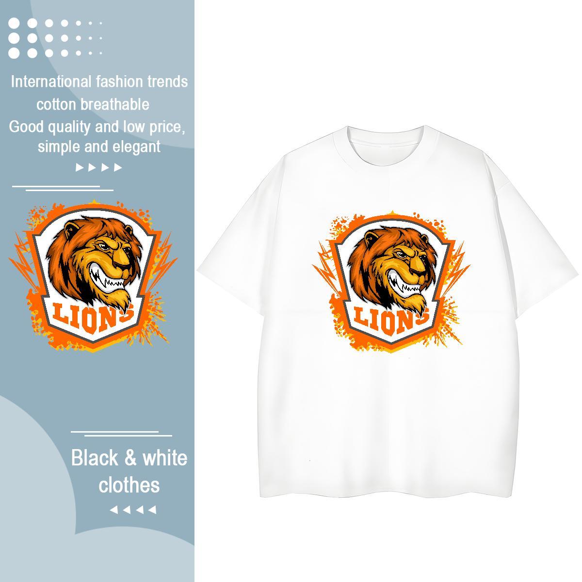 Loose Fit Men T Shirts lion Breathable Short Sleeve Casual Plus Size Cartoon 100% Cotton 230g Men Tees Casual New Clothes