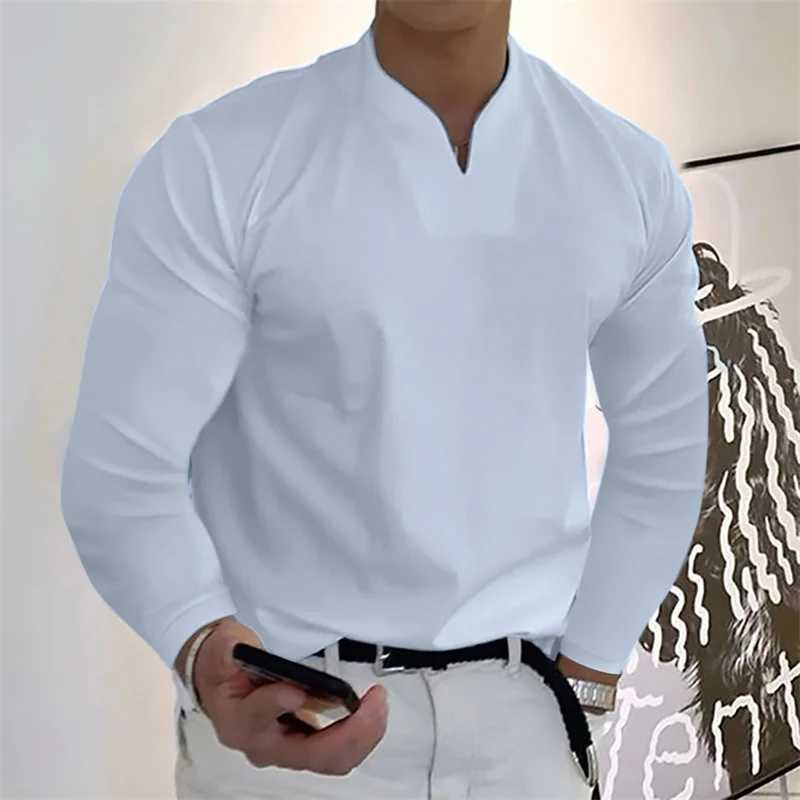 Men Causal V-neck Base Shirt Business Fashion Loose Long Sleeve Tee Plus Size Solid Color Simple Comfortable Elastic Fitness TopXJ240819