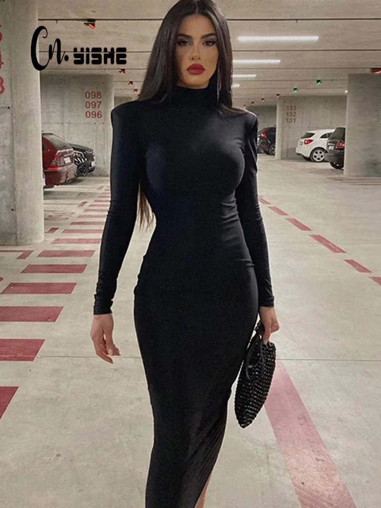 CNYISHE Women Turtleneck Black Sexy Bodycon Maxi Dress Winter Casual Streetwear Costume Casual Going Out Dresses Women Robe 240819