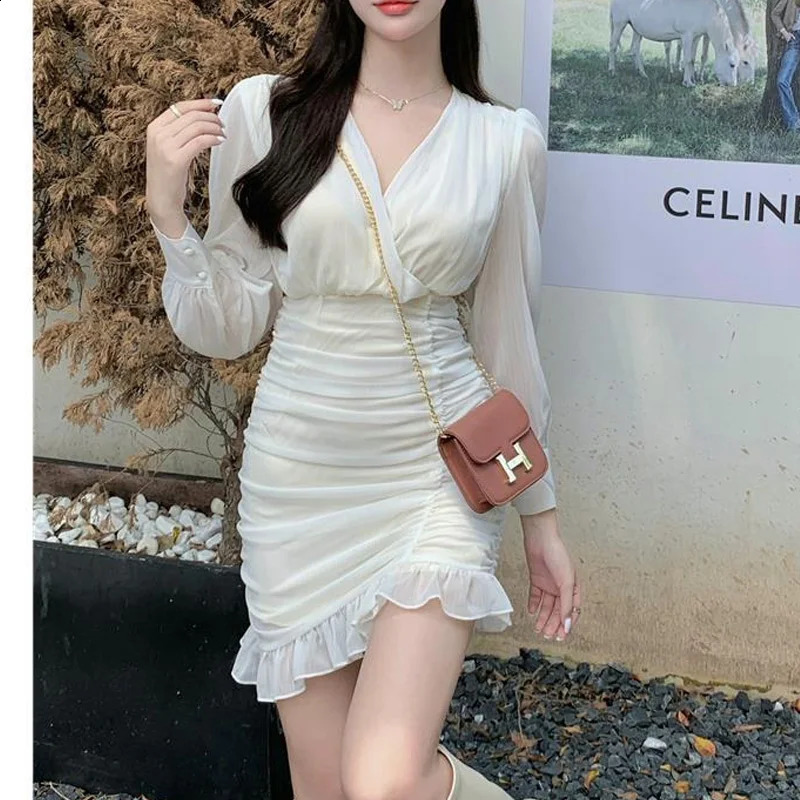 Spring Autumn Solid Color V-neck Long Sleeve Mini Dress Women Edible Tree Fungus Slim Sexy Dresses Elegant Slim Vestidos 240819