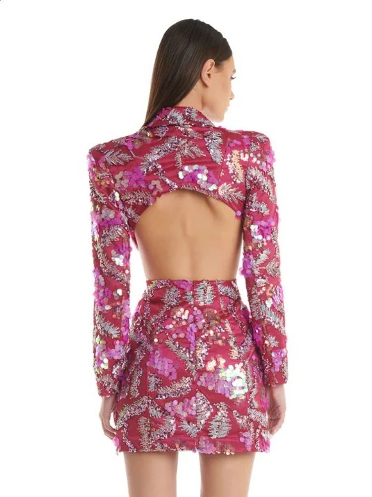 Womens Sexy Long Sleeves Sequins Mini Dress Sexy Backless Sequined Mini Bodycon Blazer Dresses Celebrity Party Evening Gowns 240819