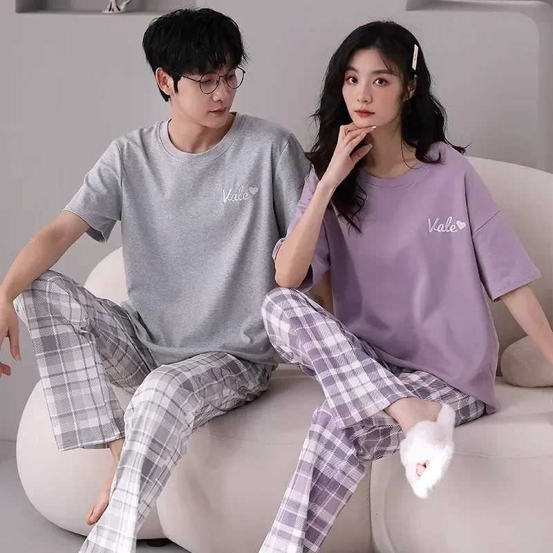 Sports couple summer fashion sleepwear cotton set style sleepwear sleeves home short night gown women/men couple sleepwearW240719