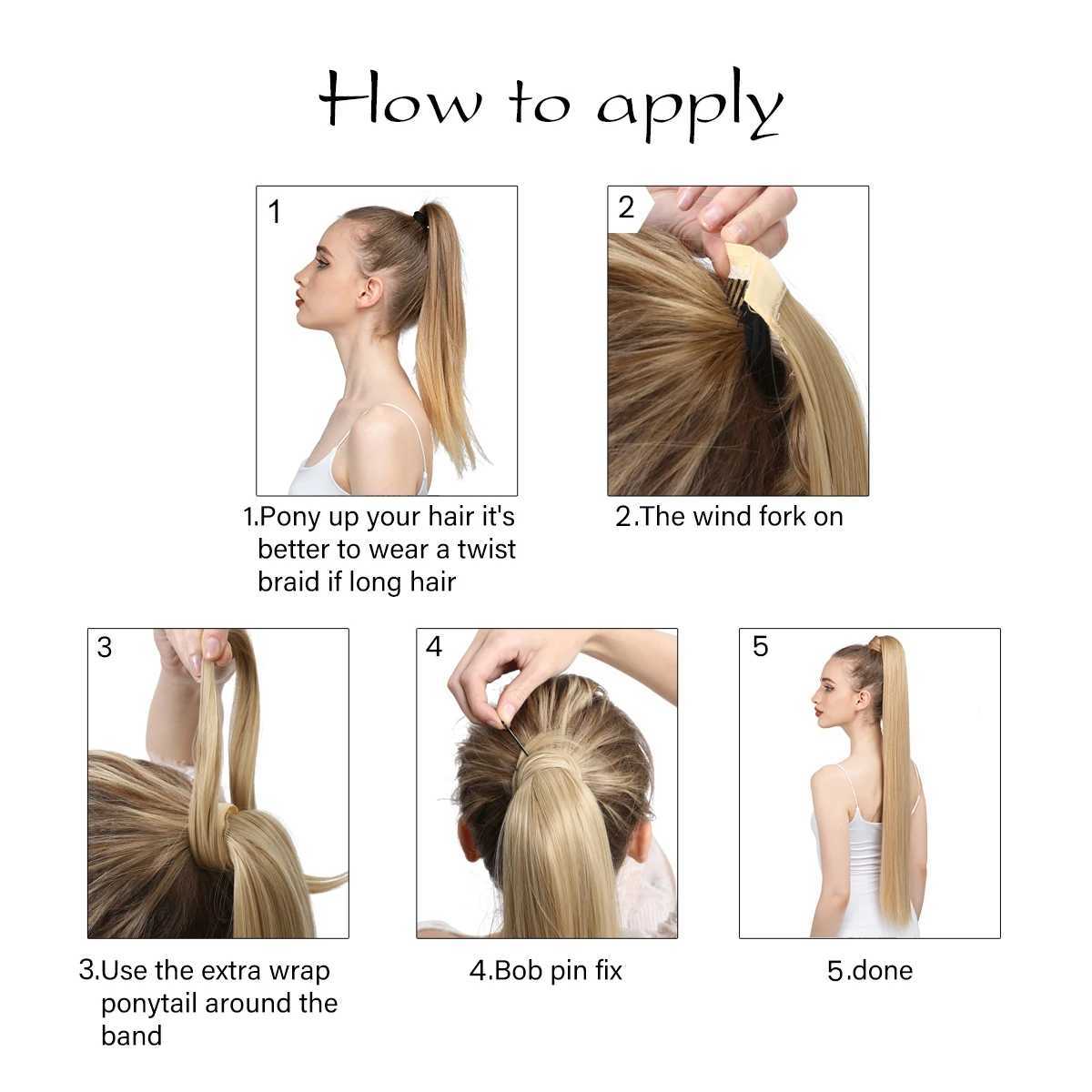 Synthetic long straight ponytail with hair extension of 32 inches clipped onto a fake wig with blonde hair wrapped around the braid smooth ponytail W2