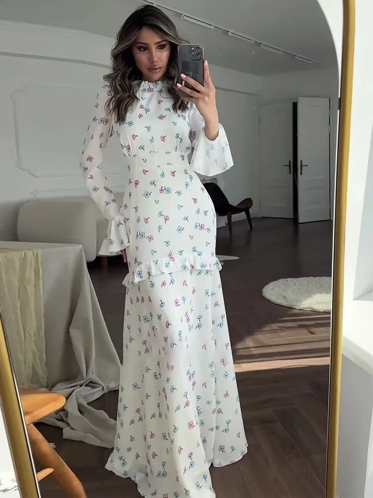 Tossy Ruffle Printed Long Sleeve Long Dress Womens Elegant Contrast Color Slim Fit Lace Waist Casual Summer Fashion Long Dress 240819