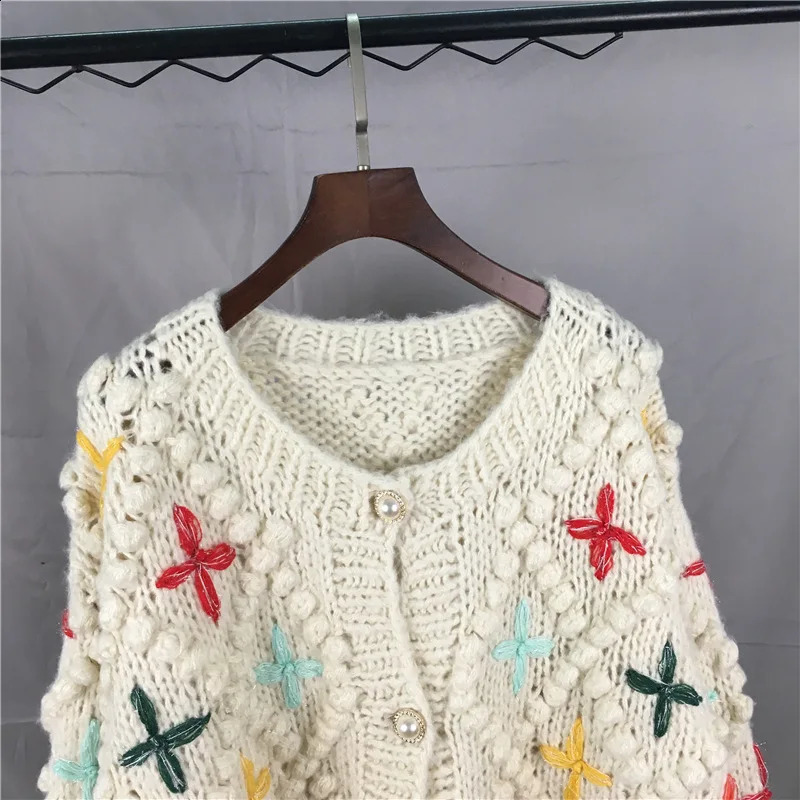 Crochet multicolor star knitted retro cardigan woolen sweater thick handmade jacket autumnwinter Auman clothing 240819