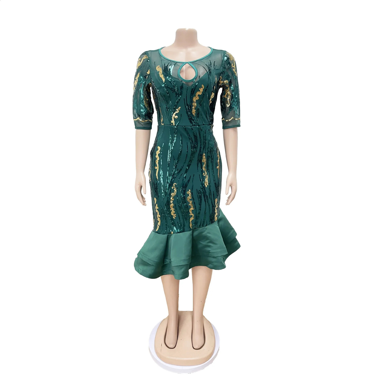 Women Dress Sequin Long Dresses Slim Fit Round Neck Full Sleeve Print Ruffles Elegant Splice Hip Wrap Sexy Tight Waist Vestidos 240819
