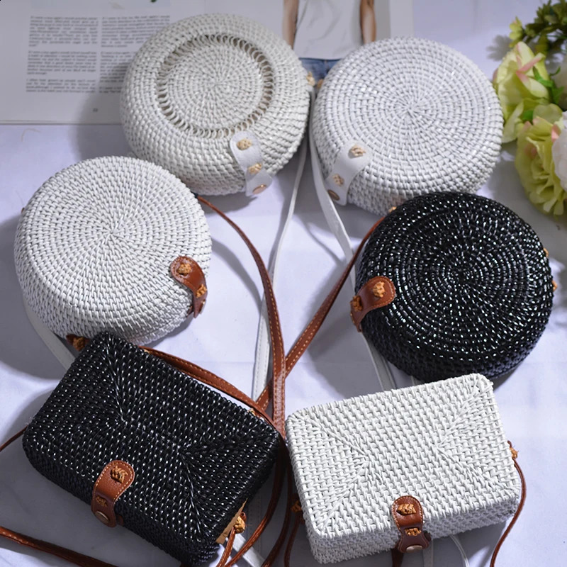 Black White Round Straw Bags Women Summer Rattan Bag bags women Woven Beach Cross Body Bag Circle Bohemia Handbag Bali Box 240820