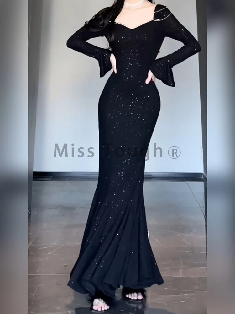 Bodycon Sexy Party Dresses Women Sequins Black Evening Elegant Long Dress Female Flare Sleeve France Vintage Dress Summer 240819