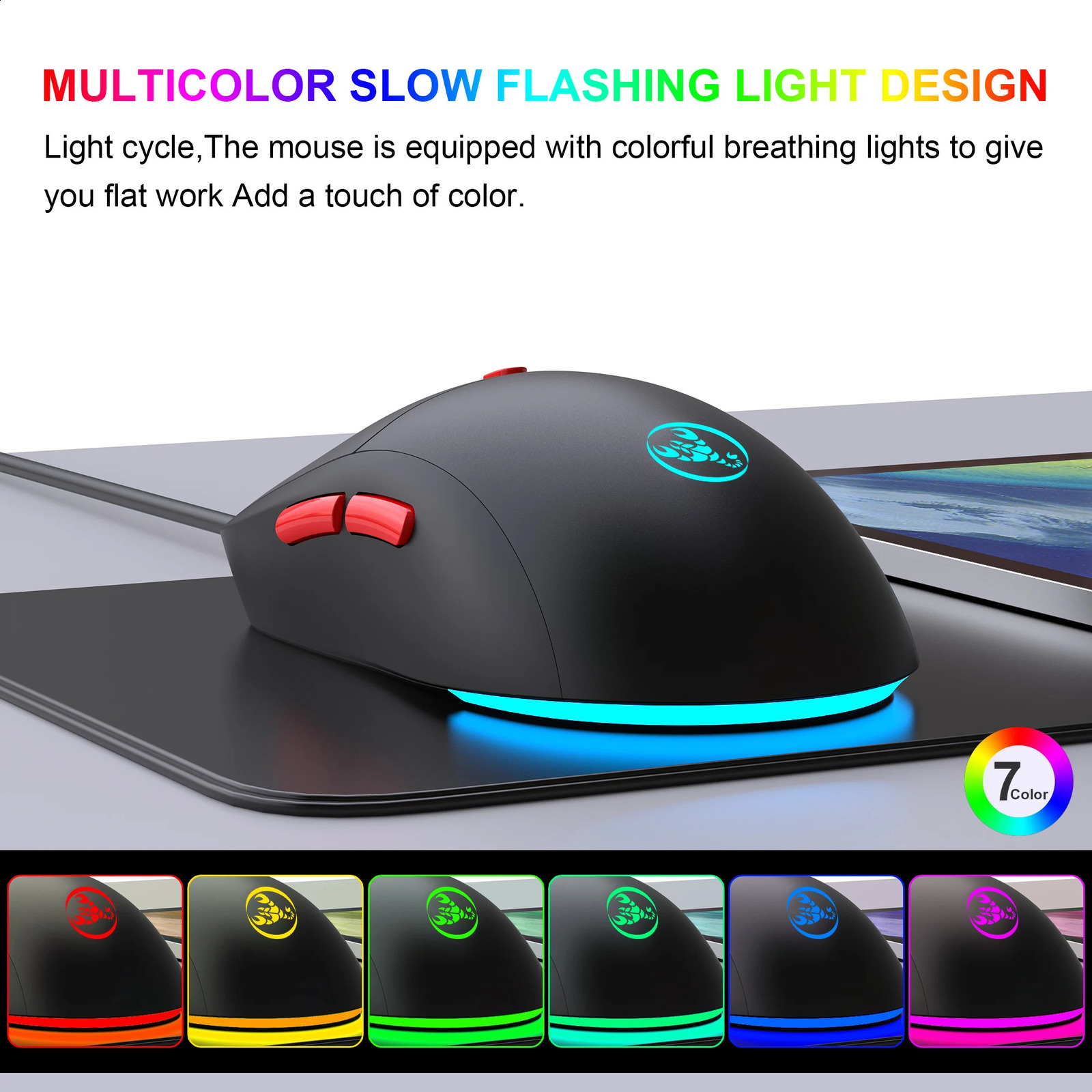 Rechargeable 2.4G USB wireless mouse with adjustable 3600dpi 7-color RGB comfortable mouse suitable for home office laptops and game consoles 240810