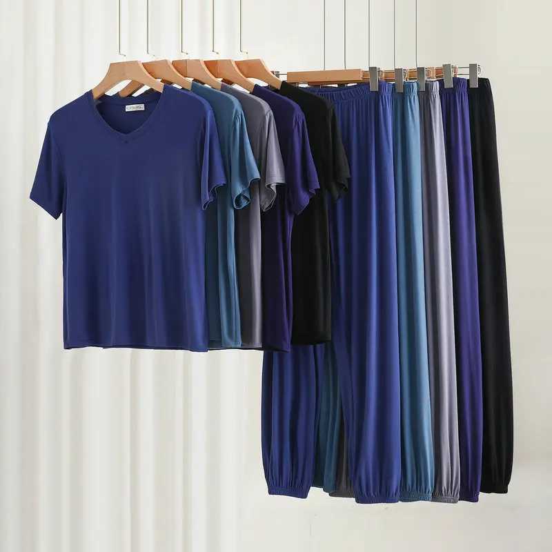 Cotton V-neck short sleeved top pants 2-piece sleepwear set suitable for mens summer thin and loose oversized home sleepwear setW240719