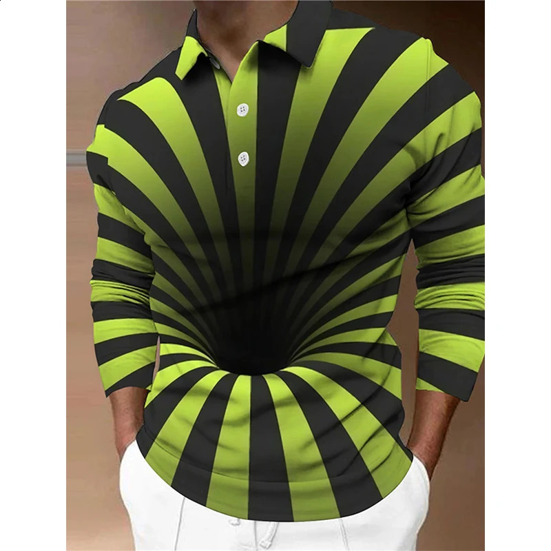 3D Print Optical Illusion Graphic Golf Polo Shirt For Men Oversized Long Sleeve Button Down Polo Shirts Clothing Apparel 240820
