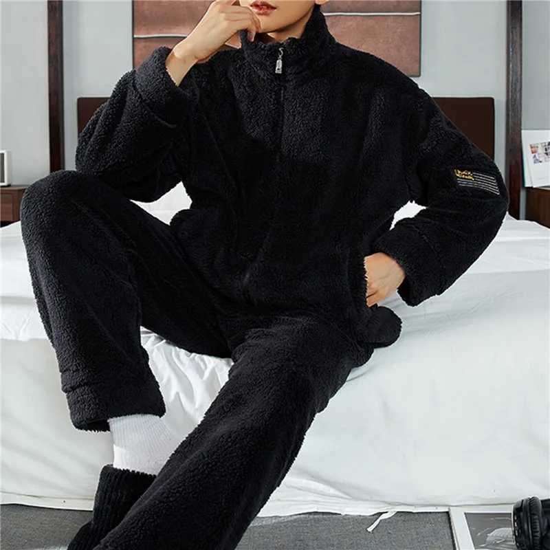 Mens Warm Pajama Set Autumn Winter Thick 2-piece Set Flannel Pajama Flannel Zipper Sleeping Trouser Home ClothingW240719