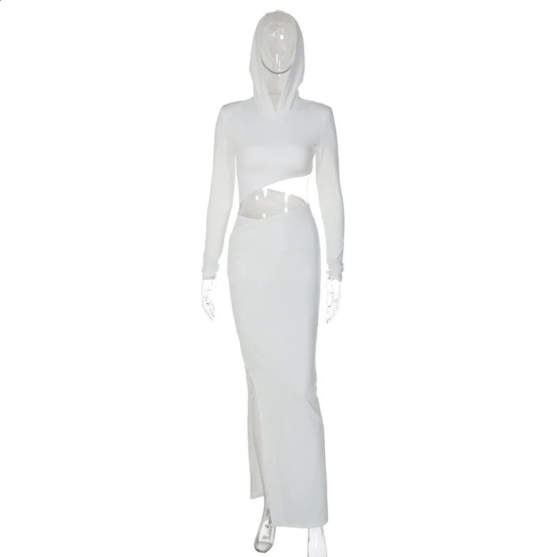 White Long Sleeve Hooded Shoulder Pads Hollow Out Slit Sexy Slim Maxi Dress Autumn Women Clothes Party Club Y2K 240819