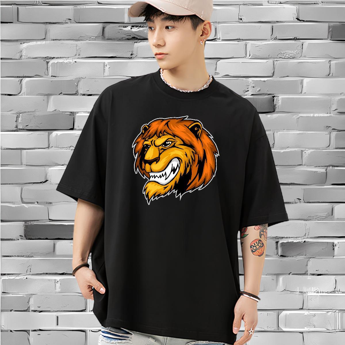 Casual New Mens Tshirts lion Spring Summer 100% Cotton 230g Clothes Breathable Short Sleeve Free Shipping Men T Shirts Black Oversized