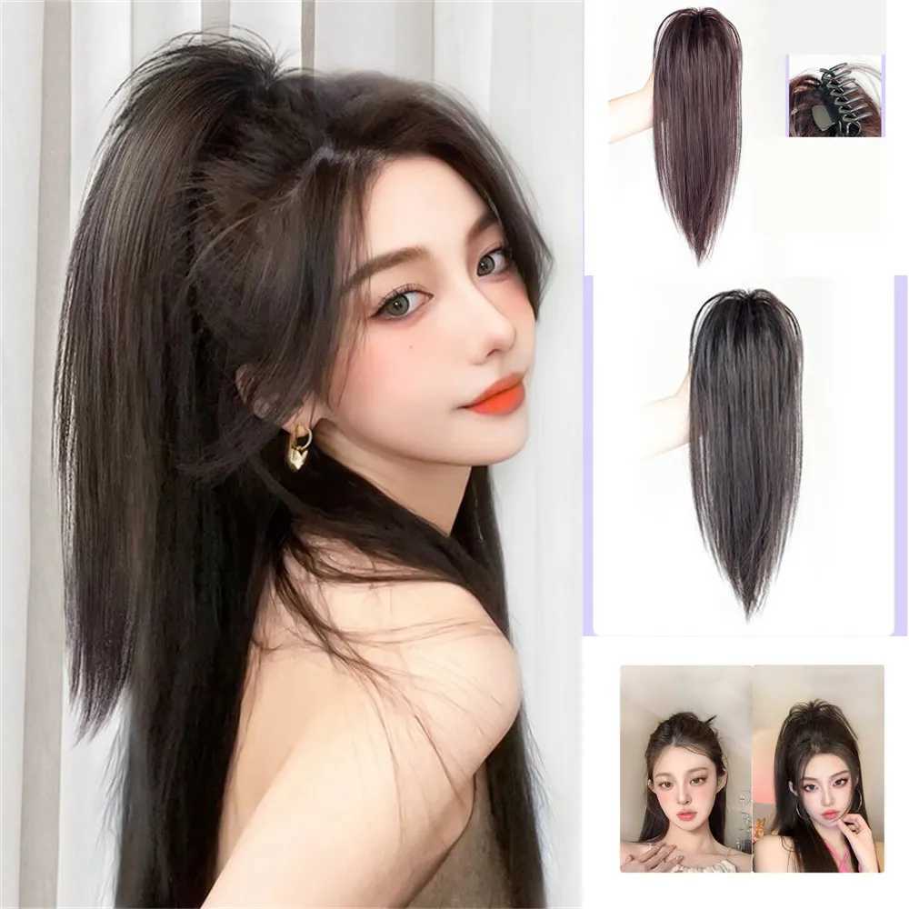 Straight ponytail extension half tied high waterfall ponytail wig girls grab clip fountain high fluffy ponytail W240817