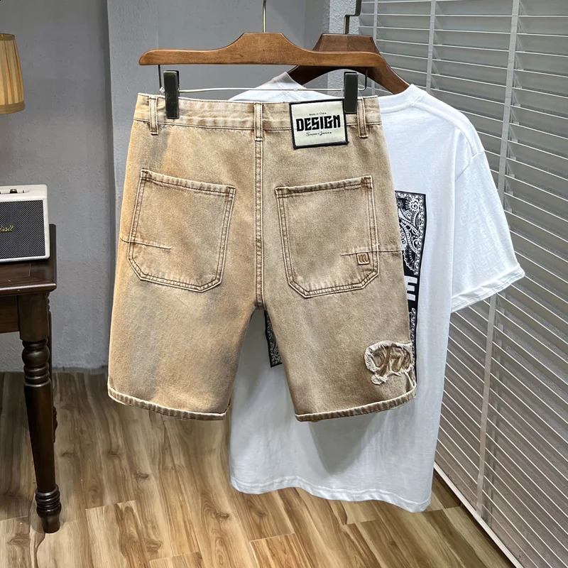 Retro jeans mens shorts yellow mud street fashion Bermuda pants straight loose applique denim 240819