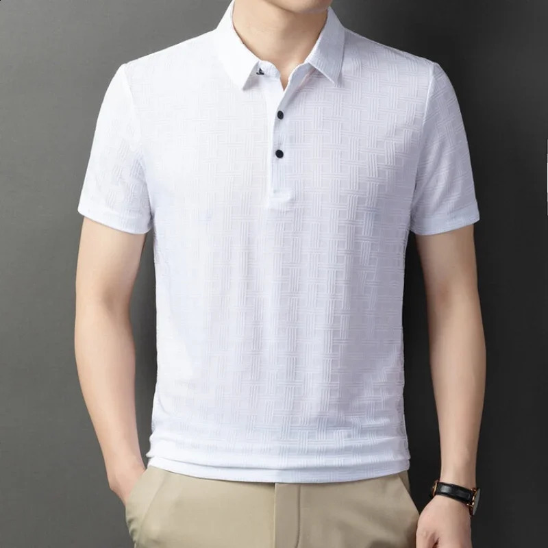 2024 Summer Ice Silk Jacquard Tshirt Thin and High End Trendy Mens Casual Polo Shirt 240819