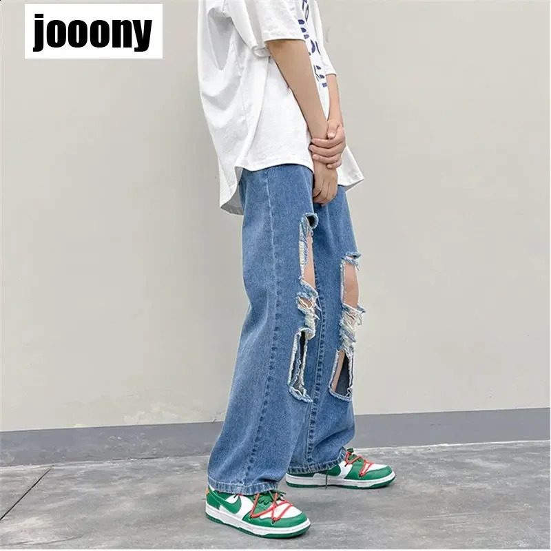 Fashion Y2K European American Personalized Loose Straight Leg Long Pants American Streetwear Hip Hop Retro Perforated Jeans Mens 240819