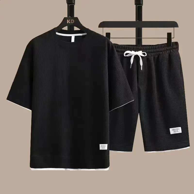 Summer Mens Two Piece Set Waffle Knit Fabric Short Sleeve Tshirt And Shorts Breathable Outfit Perfect For Beach Homewear 24