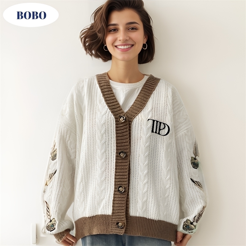 Autumn Sweaters Women High Quality Loose Fitting Embroidered Knitted Cardigan Winter Y2k Regulai Fit Beige Cardigans Female 240819
