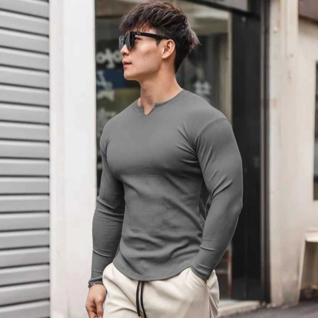2024 Sports Long sleeved T-shirt Mens V-neck Tight Moisture wicking High Elastic Ironing Training Running and Fitness BottomXJ240819