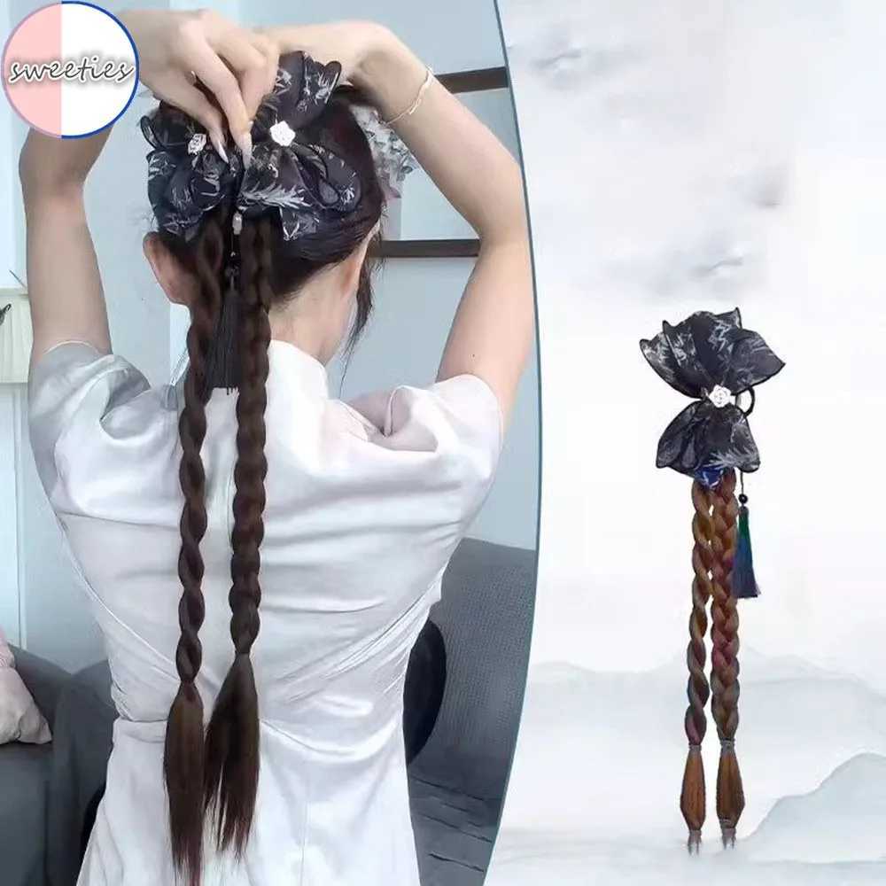 Chinese style bow clip style ponytail synthetic Wigs womens retro gentle boxing chest braid hair extension 50cm W240817